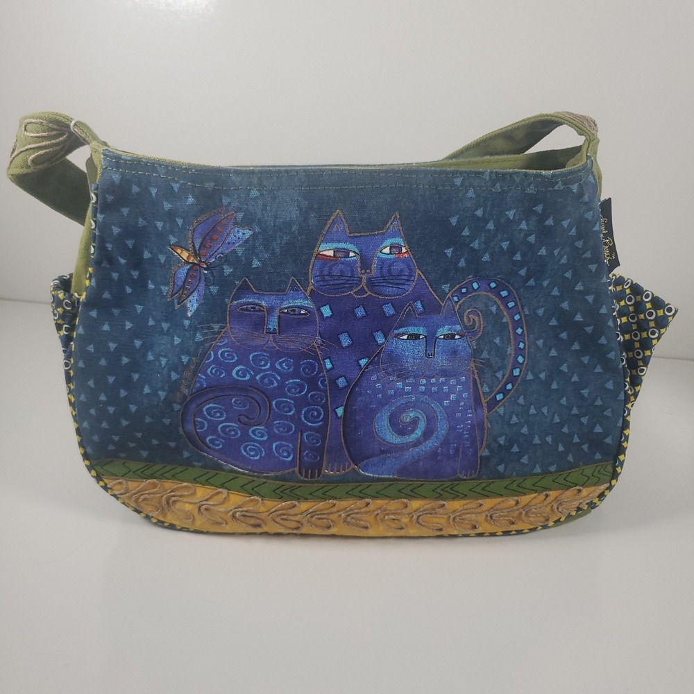 Laurel Burch Cats Shoulder Bag Purse Tote Bag‎ Blue Green Cotton Canvas